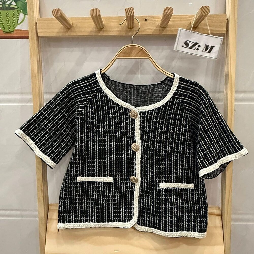 Black Tweed Pearl Trim Chic Jacket Top